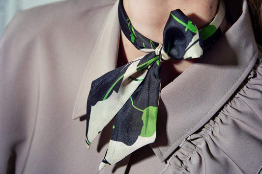 Monochrome Twilly narrow scarf. 100% silk. Cream, black, green. Bella Ballou