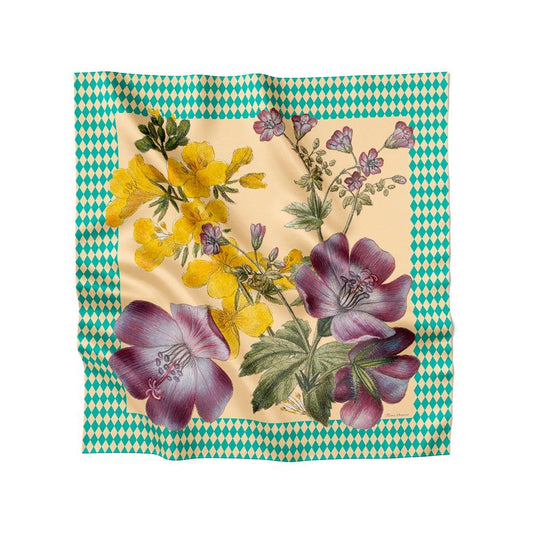 Harlequin Flower silk scarf for her. 100% silk. Turquoise green, yellow. Flora Danica Denmark