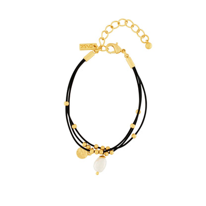 Audrey Pearl String bracelet. Black leather and freshwater pearls. Dansk Copenhagen