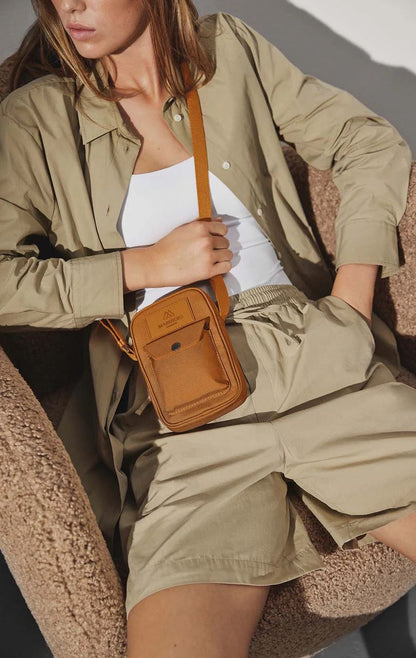 DarlaMBG mobile bag. Yellow brown monochrome. Unisex. 100% recycled polyester. Markberg