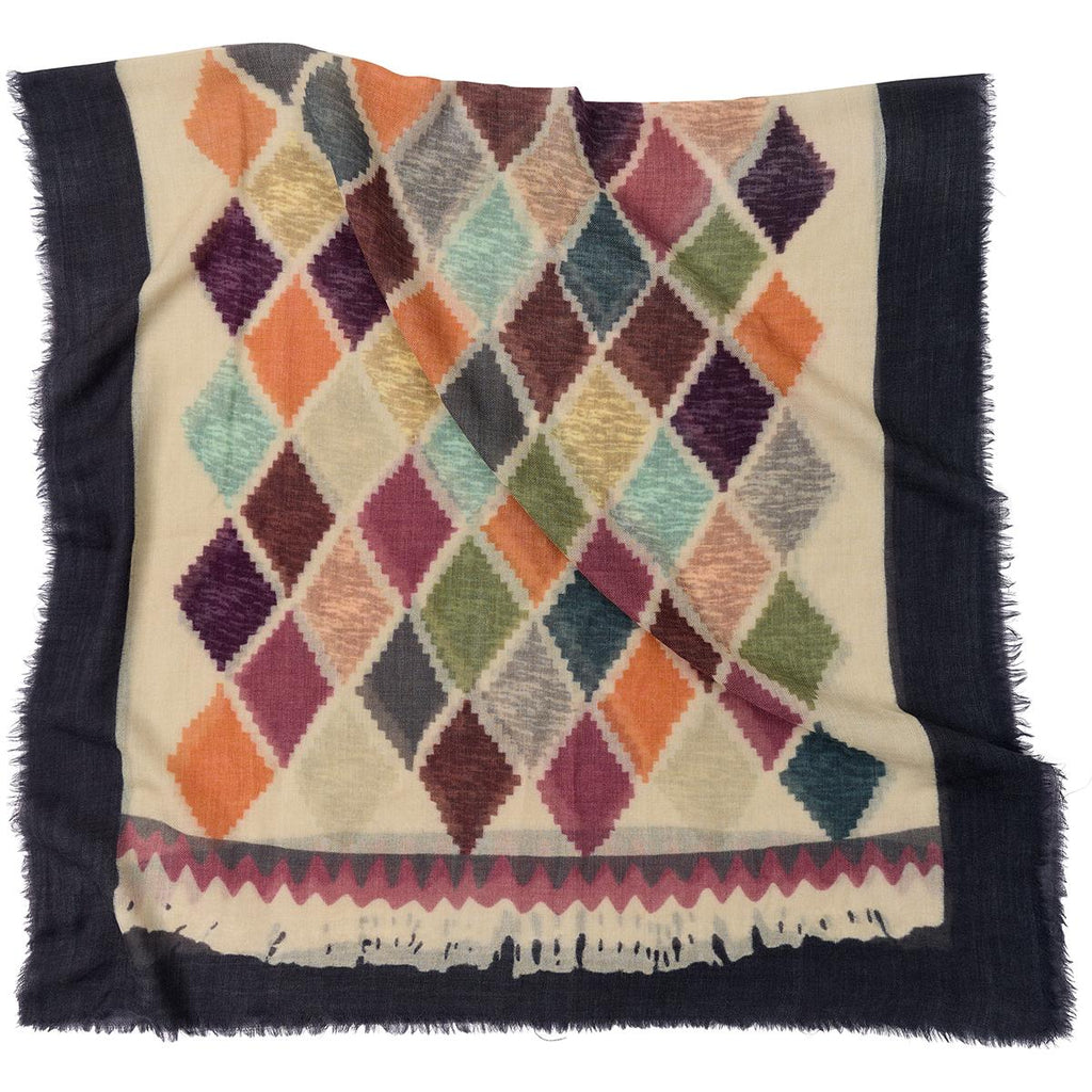 Diamonds tørklæde til kvinder. 100% uld. Aflangt. Sort, creme multi. Bella Ballou