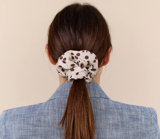 Dots Hair Scrunchie. 100% silk. Cream, brown. Bella Ballou