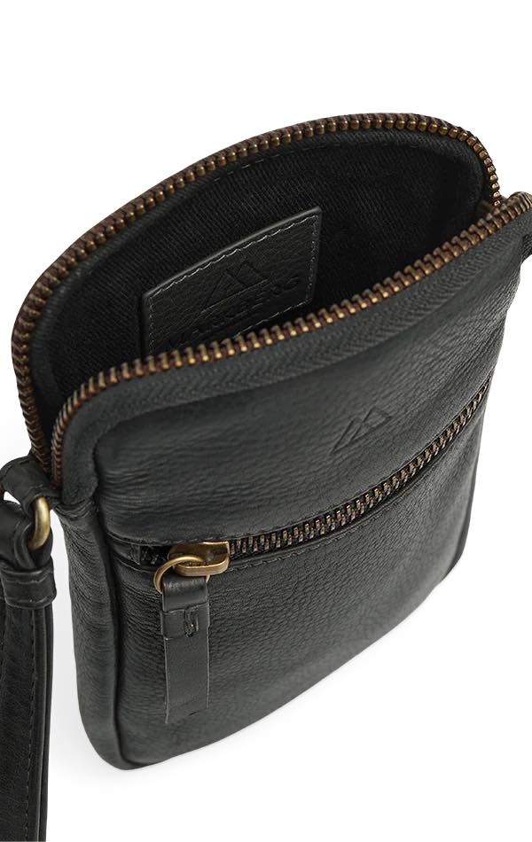 RiverMBG Mini crossbody. Unisex.Vintage. Sort og guld. Læder. Markberg