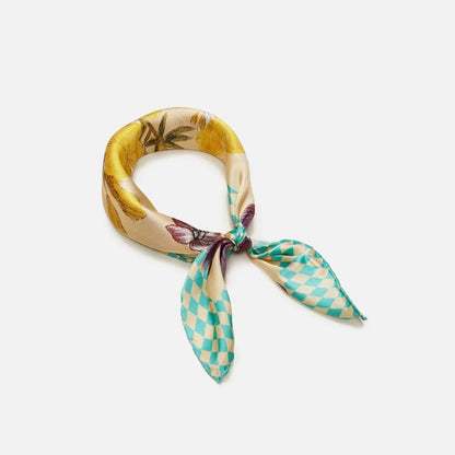 Harlequin Flower silk scarf for her. 100% silk. Turquoise green, yellow. Flora Danica Denmark